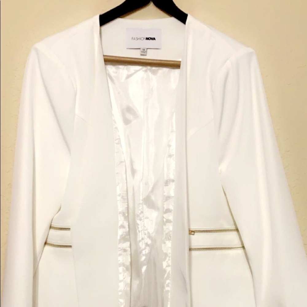 White women’s blazer with gold zipper detail